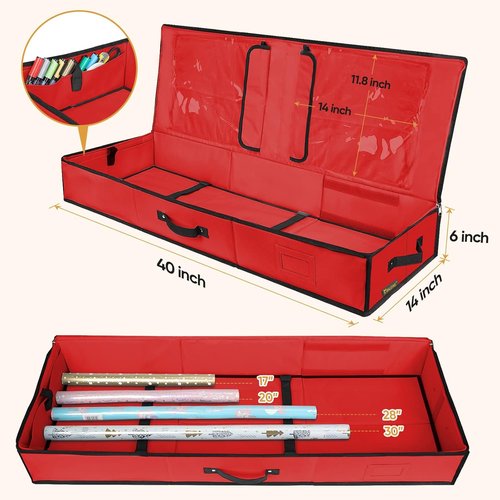 BALEINE Gift Wrap Storage Bag - 40" Durable 600D Oxford Fabric Organizer with Flexible Partitions | Red