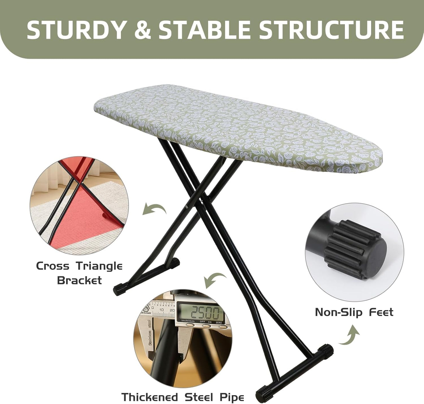 Skiennix Adjustable Height Ironing Board - Folding Design with Heat-Resistant Cover | Compact Flower Print