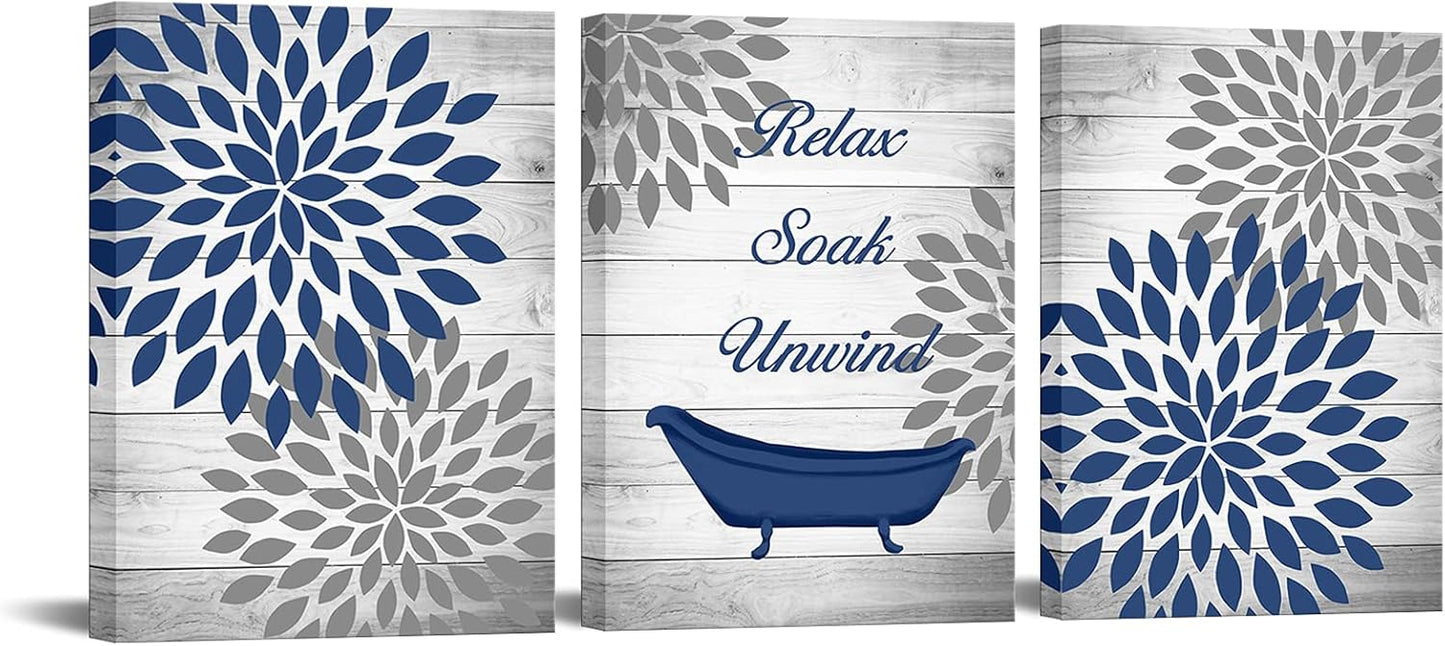 RnnJoile Rustic Floral Canvas Wall Art - Dahlia Relaxation Painting | Navy Blue Flower Print, 12x16 Inch Each
