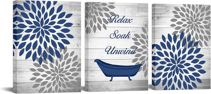 RnnJoile Rustic Floral Canvas Wall Art - Dahlia Relaxation Painting | Navy Blue Flower Print, 12x16 Inch Each