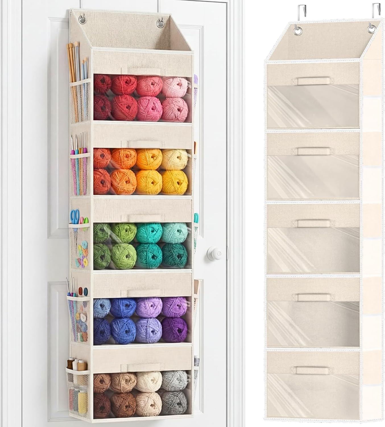 Ofiray Home Yarn Storage Organizer - 5 Drawer Over-The-Door Knitting Holder with 10 Mesh Pockets | Beige