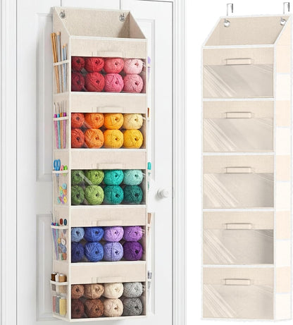 Ofiray Home Yarn Storage Organizer - 5 Drawer Over-The-Door Knitting Holder with 10 Mesh Pockets | Beige