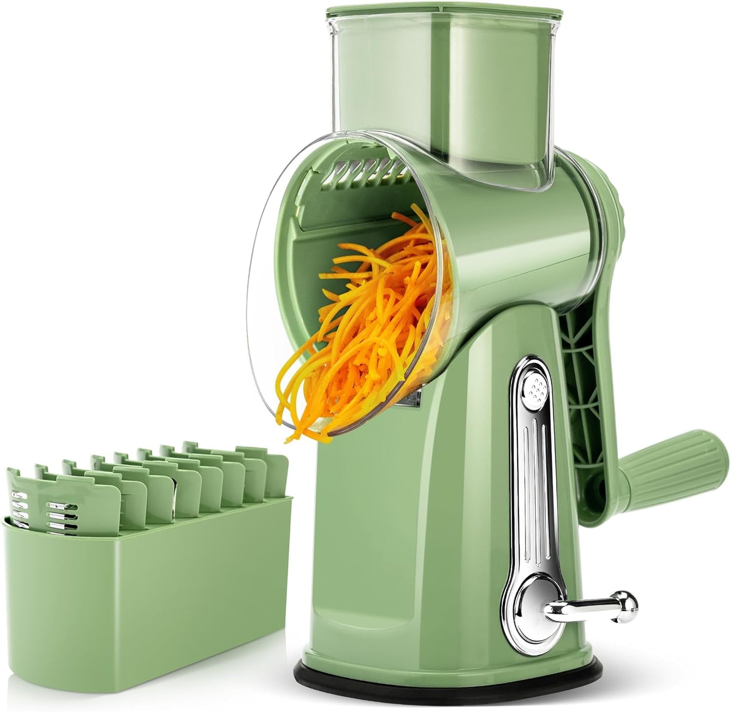 SUSTEAS Rotary Cheese Grater - Versatile Vegetable Shredder with 5 Blades & Strong Suction Base | Retro Green