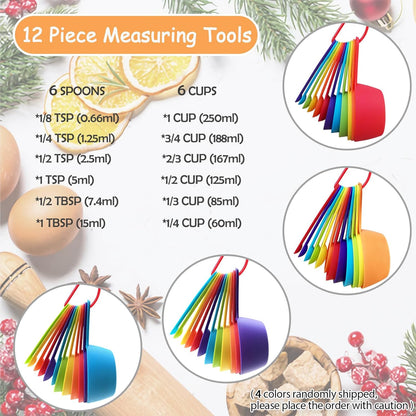 Skiennix 12-Piece Measuring Cups and Spoons Set - Durable, Dishwasher Safe Kitchen Tools in Vibrant Colors