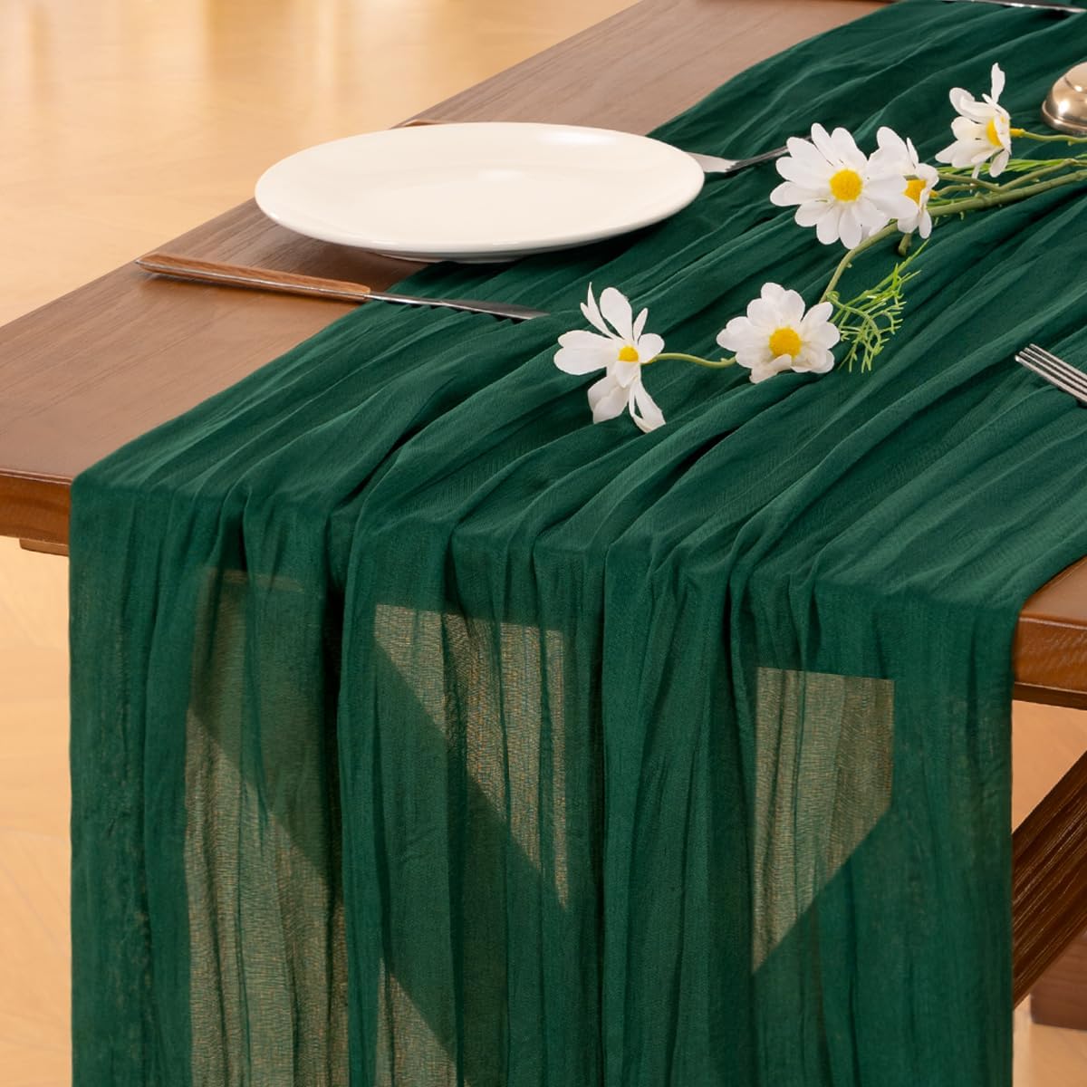 Socomi Emerald Green Cheesecloth Table Runner - 120 Inch Rustic Boho Decor for Weddings & Events
