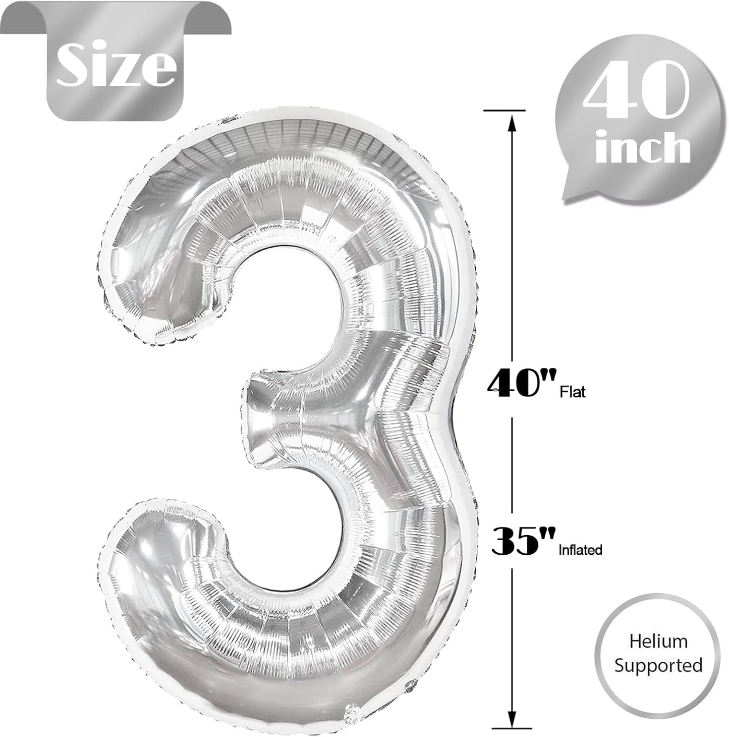 Silver 3 Balloon - 40 Inch Number Balloon for 3rd Birthday Celebrations | Kids & Adults Party Supplies