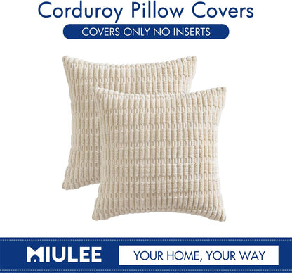MIULEE Corduroy Throw Pillow Covers - Soft Boho Striped Design | 18x18 Inch Cream White Set of 4 for Modern Home Decor