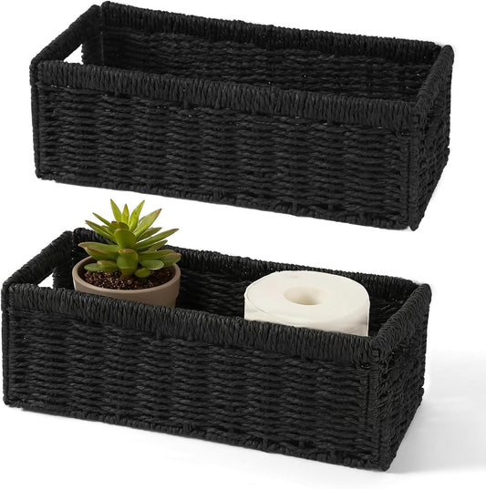 Paper Rope Storage Basket - 2 Pack Foldable Wicker Bins with Handles | Large Decorative Organizers for Bathroom