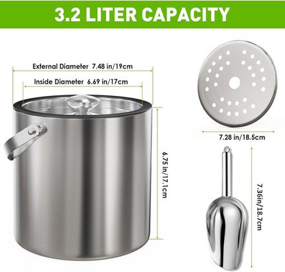 3.2L/3.4QT Insulated Ice Bucket with Silicone Lid, Tongs & Strainer, Double Wall Stainless Steel Ice Bucket for Parties and Cocktail Bar, Upgraded Silicone Cover Keep Ice Frozen Longer