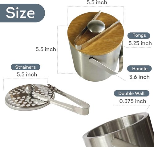 Lily's Home Double Wall Insulated Small Ice Bucket with Bamboo Lid - Stainless Steel Ice Holder with Tongs and Strainer, Ideal for Parties,Camping,Kitchen, Tiki Bar, Cocktail Bar, Portable & Mini,1.3L