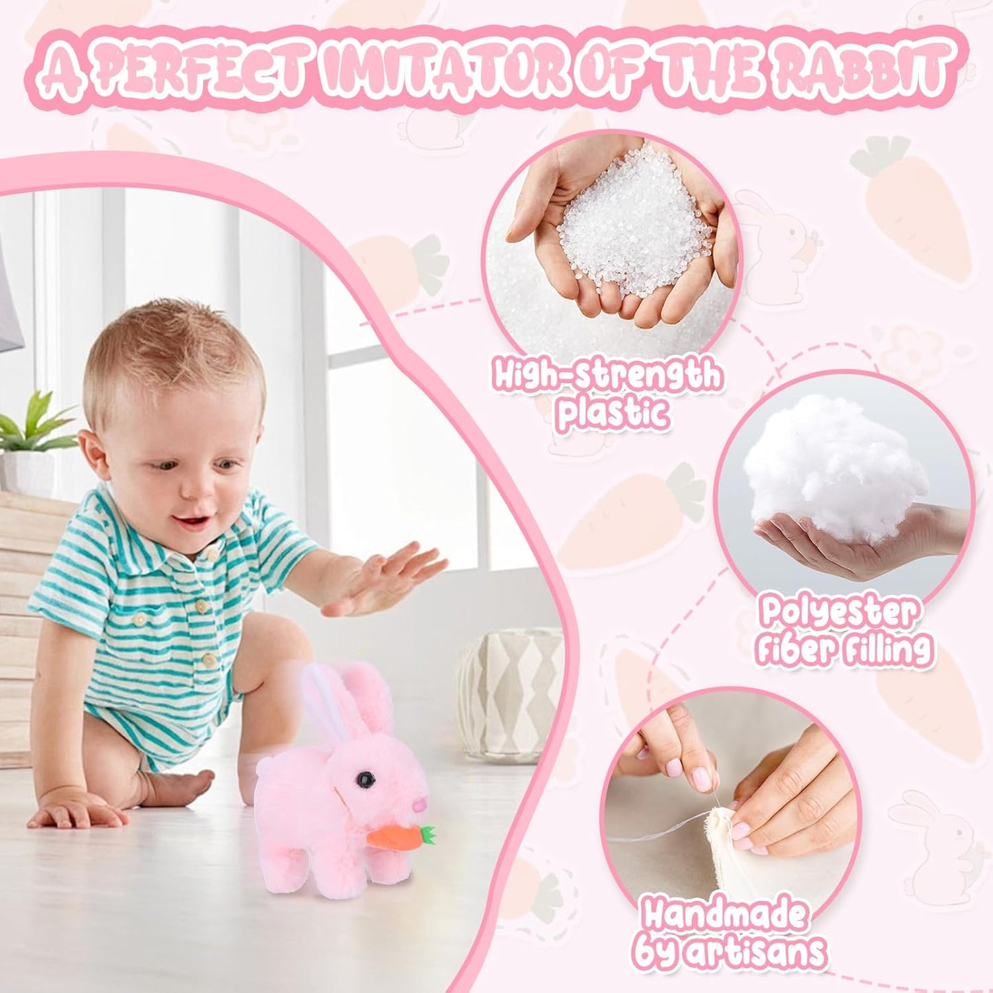 RichRabbit Bunby - Interactive Realistic Bunny Toy with Jumping & Twitching Ears | Pink