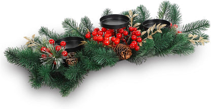 MorTime Christmas Centerpiece - 3 Candle Holders with Red Berries & Pine Cones | Indoor Holiday Table Decor