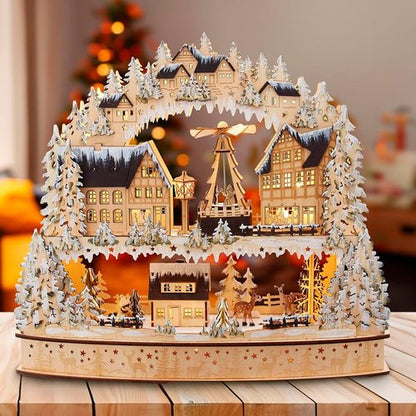 Kurt S. Adler 16-Inch Light-Up Wooden Village | Battery-Operated with Motion Feature