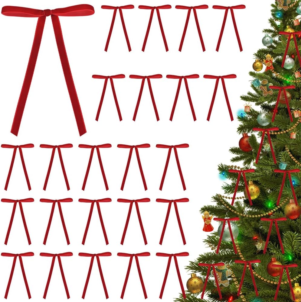 Quimoy Velvet Christmas Bows - 24 Pcs Red Ribbon Ornaments for Tree & Wreath | 5x7 Inch Decor