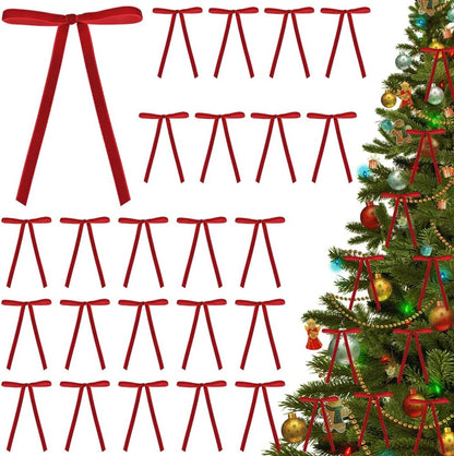 Quimoy Velvet Christmas Bows - 24 Pcs Red Ribbon Ornaments for Tree & Wreath | 5x7 Inch Decor