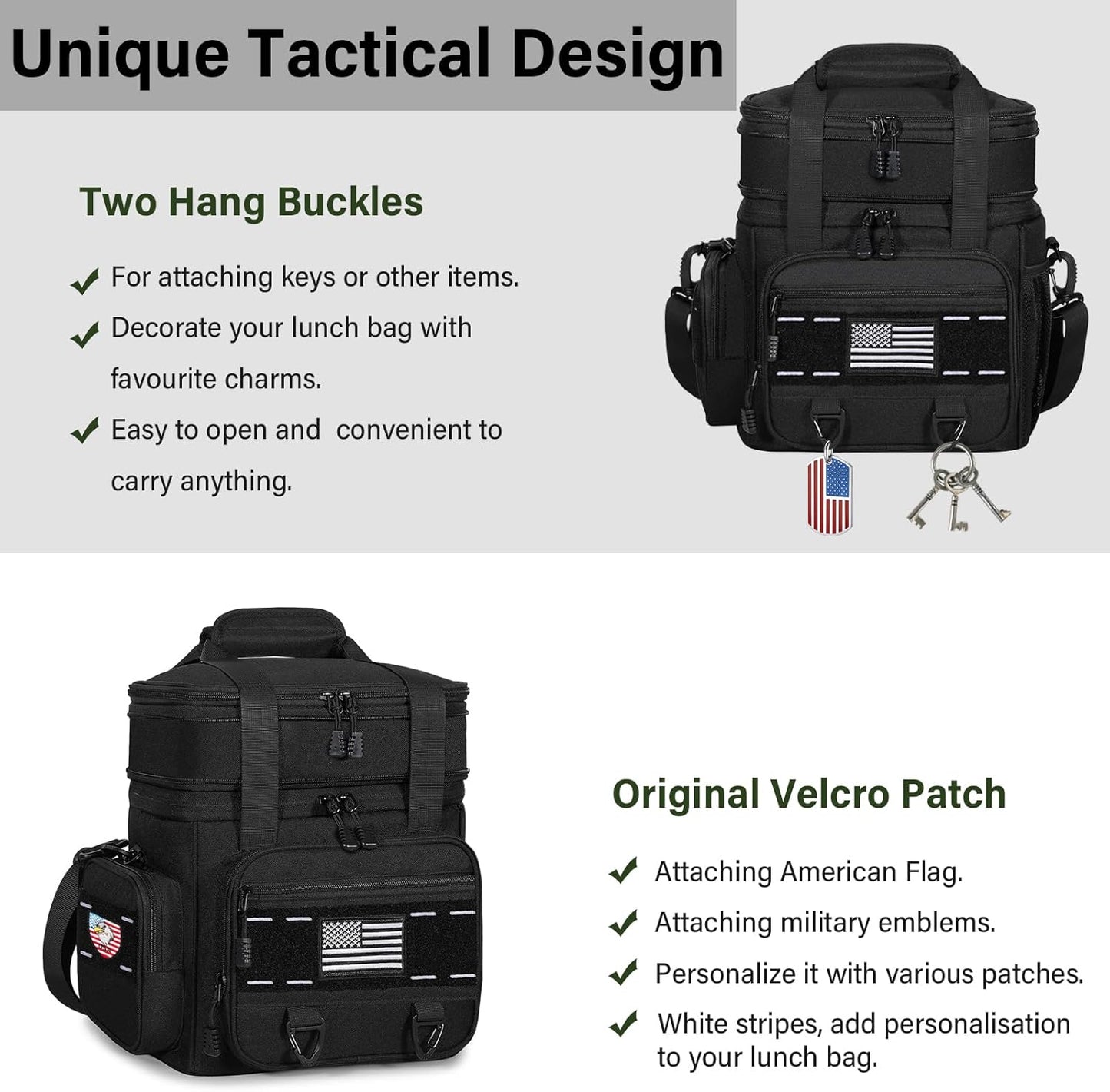 TENKIST Tactical Lunch Box - Large Insulated Cooler Bag | Heavy-Duty Leakproof Design, 16L, Black