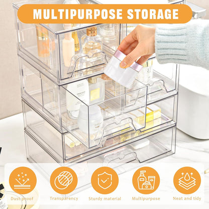 Stebopum Clear Acrylic Storage Drawers - 4 Pack Stackable Makeup Organizer for Bathroom & Vanity