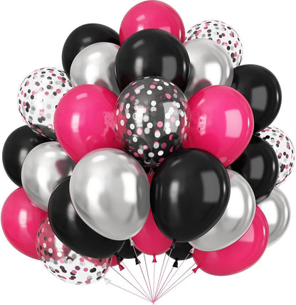 Skiennix 12-Inch Black & Hot Pink Balloons - 60pcs Metallic & Confetti for Birthday, Baby Shower & Gender Reveal