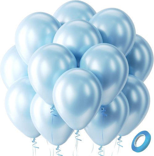 Bezente Pearl Light Blue Latex Balloons - 100 Pack 12" Round Helium Balloons for Baby Showers & Parties
