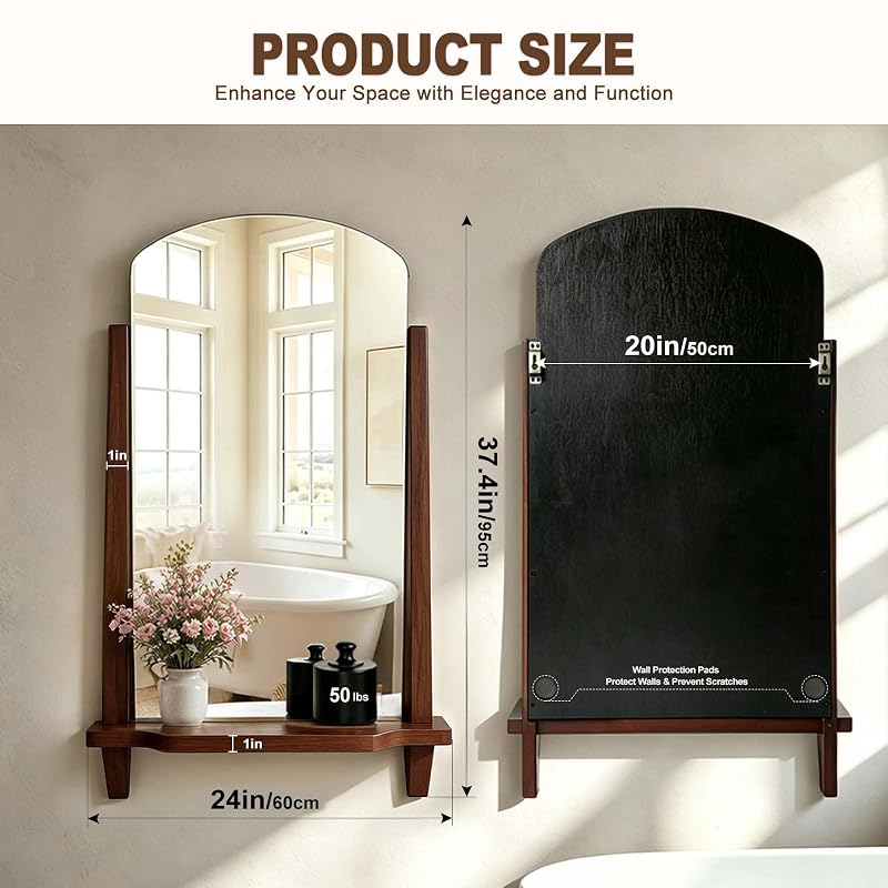 Arched Wall Mirror with Shelf - 24 x 37.4 Inch Walnut Wood Frame, Tempered Glass