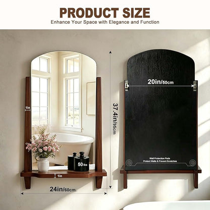 Arched Wall Mirror with Shelf - 24 x 37.4 Inch Walnut Wood Frame, Tempered Glass
