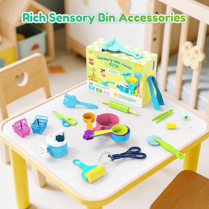 Skiennix 34PCS Sensory Bin Filler Tools - Fine Motor Skills Scooper Set with Scoops, Tweezers & Rake