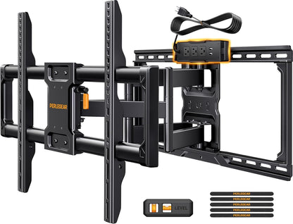 Perlegear Full Motion TV Wall Mount - Power Strip Included, Fits 42–90 Inch TVs Up to 150 lbs | Smooth Swivel & Tilt