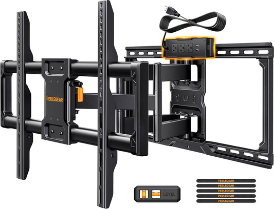 Perlegear Full Motion TV Wall Mount - Power Strip Included, Fits 42–90 Inch TVs Up to 150 lbs | Smooth Swivel & Tilt