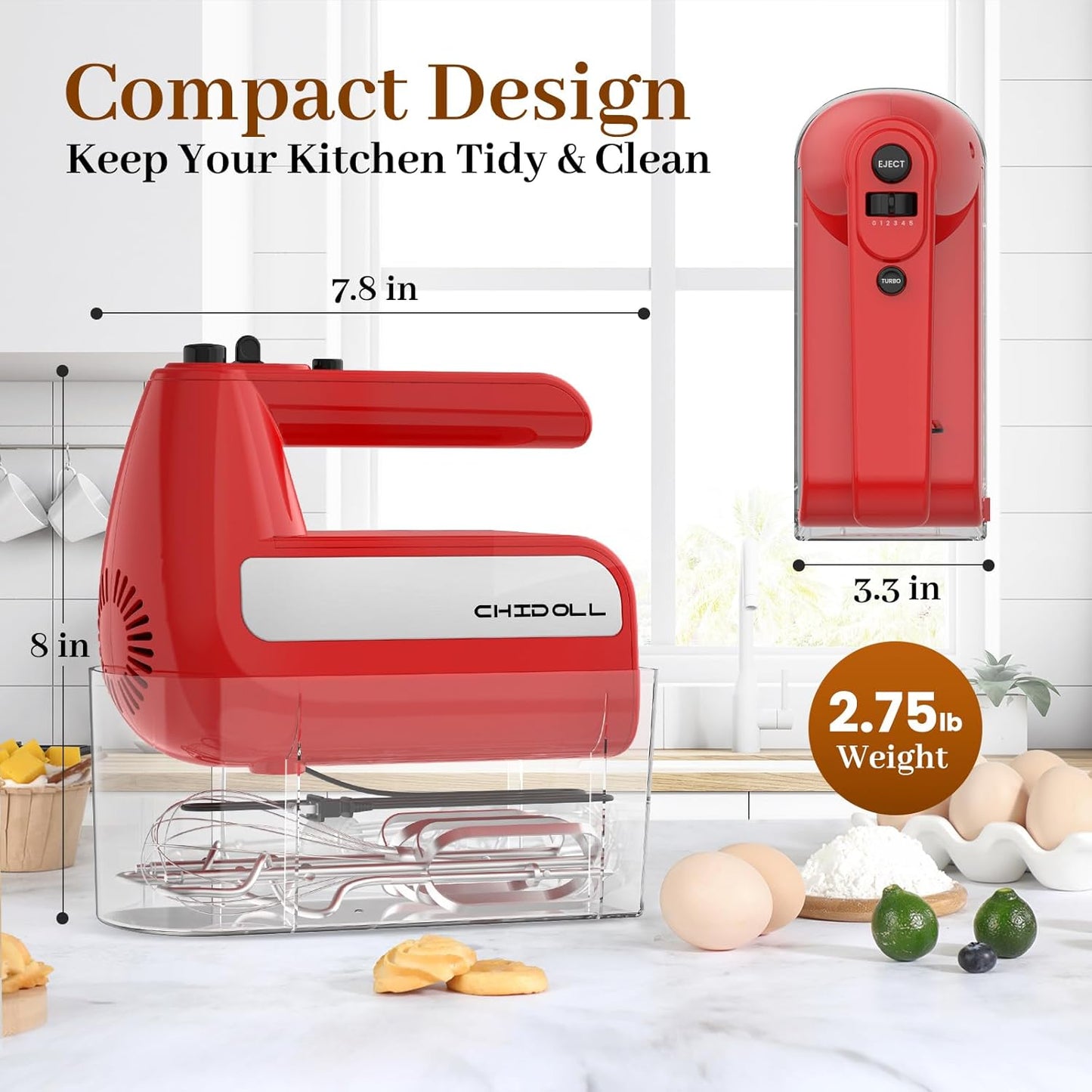 Skiennix 5-Speed Electric Hand Mixer - 800W Handheld Mixer with Turbo & 6 Attachments | Red