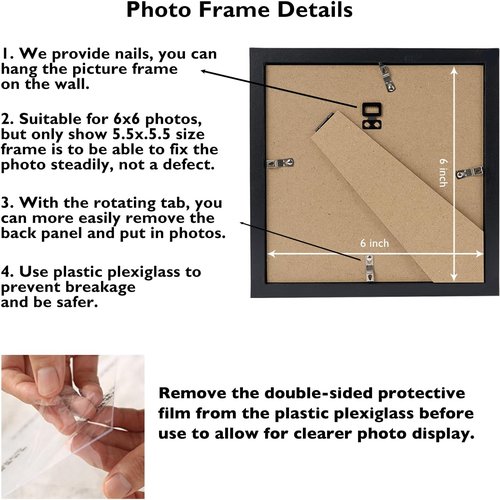 JCJMY 6x6 Picture Frame - Black Wall Mount & Tabletop Display | Shatter-Resistant Plexiglass