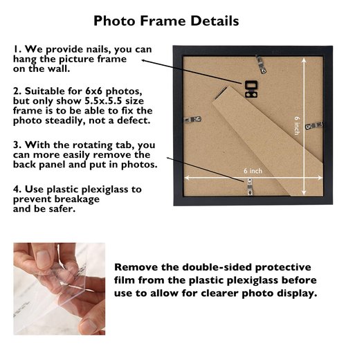 JCJMY 6x6 Picture Frame Black for Wall Hanging or Tabletop, Wall Mounting Horizontally or Vertically, 6 x 6 Square Wall Gallery Poster Photo Frame with Shatter Resistant Plexiglass, Black