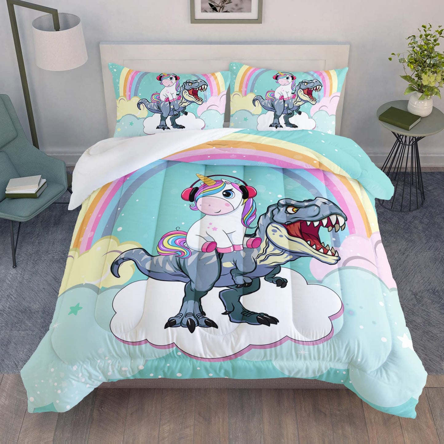 Unicorn Comforter Set 3Pcs Cartoon Dinosaur Kids Bedding Set Rainbow Cloudy Star Bed Set with 1 Comforter and 2 Pillowcases