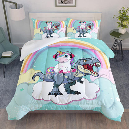 Unicorn Comforter Set 3Pcs Cartoon Dinosaur Kids Bedding Set Rainbow Cloudy Star Bed Set with 1 Comforter and 2 Pillowcases