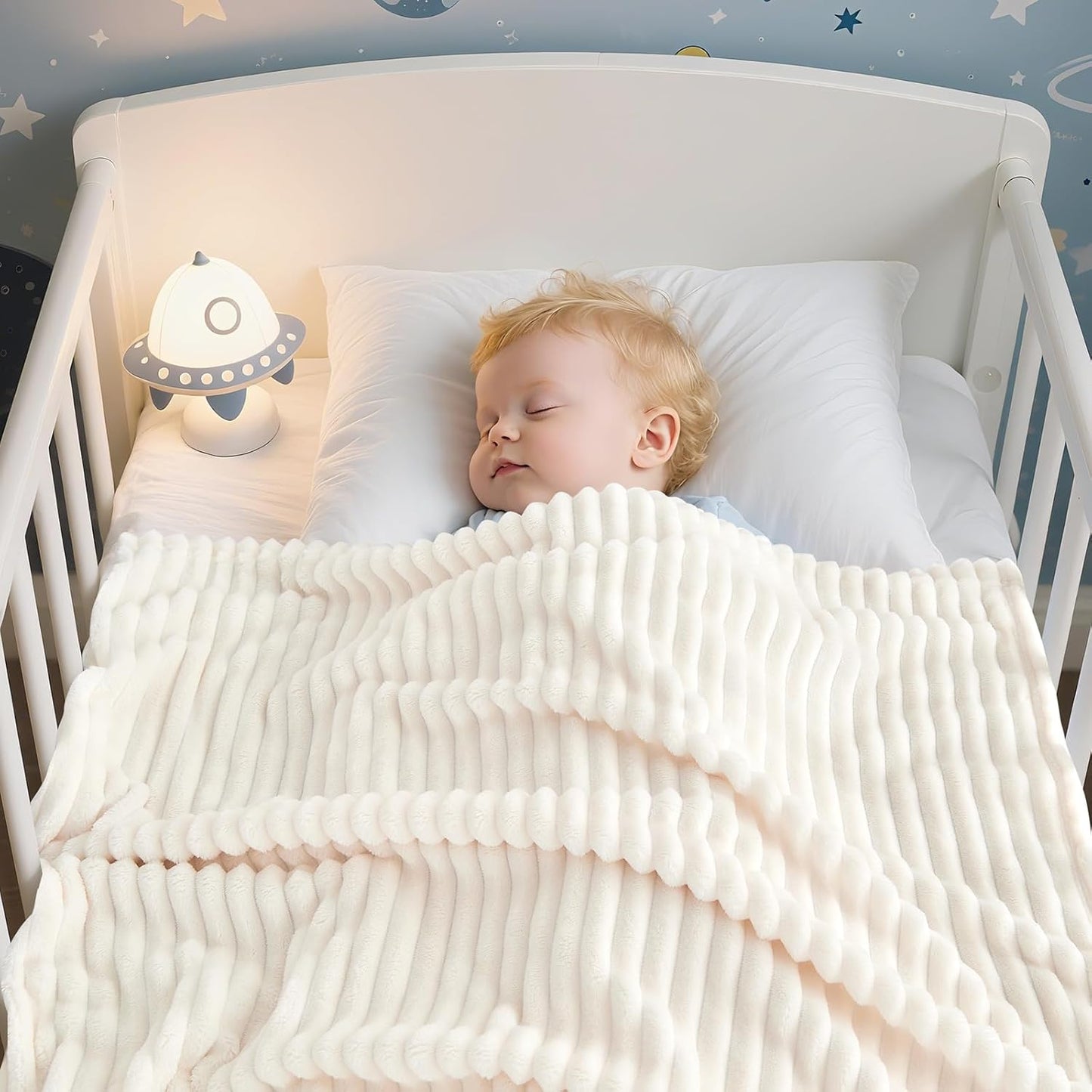 Skiennix Soft Fleece Baby Blanket - Ultra Cozy & Lightweight | Reversible Stripes, 30x40 Inch, Cream