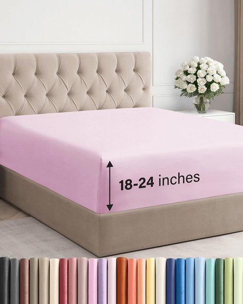 Extra Deep Cal King Fitted Sheet - Hotel Luxury Single Fitted Sheet Only - Easily Fits 18 inch to 24 inch Mattress - Ultra Soft, Wrinkle Free with Extra Deep Pockets - Breathable & Comfy - Light Pink