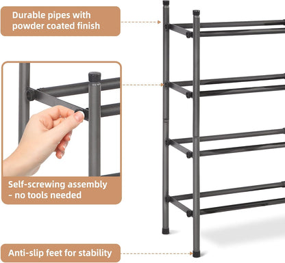 Storage Maniac Expandable Shoe Rack - Adjustable 4-Tier Organizer for 16 Pairs | Black Metal Design