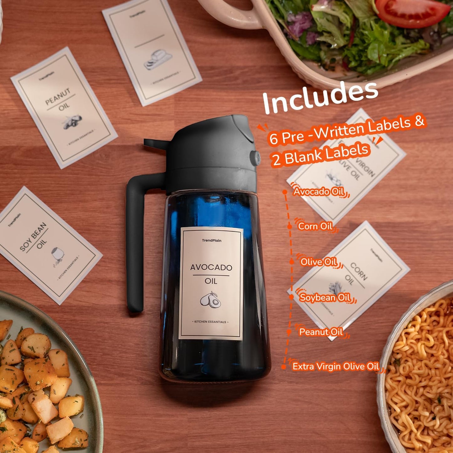 TrendPlain 16oz Blue Glass Olive Oil Sprayer - 2-in-1 Dispenser for Cooking, Air Fryer & BBQ
