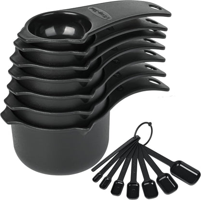 Skiennix Measuring Cups and Spoons Set - 15-Piece Plastic Kitchen Tools with Long Handle Spoons & Leveler - Black