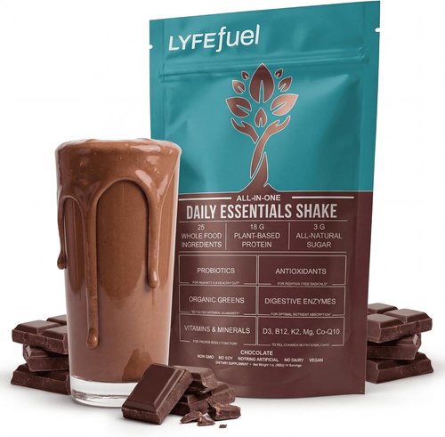 LyfeFuel Essentials Nutrition Shake - Plant-Based Protein Powder Meal Replacement | 18g Vegan Protein, 50+ Superfoods, 27 Vitamins & Minerals, Low Carb, Gluten-Free | 24 Servings Chocolate