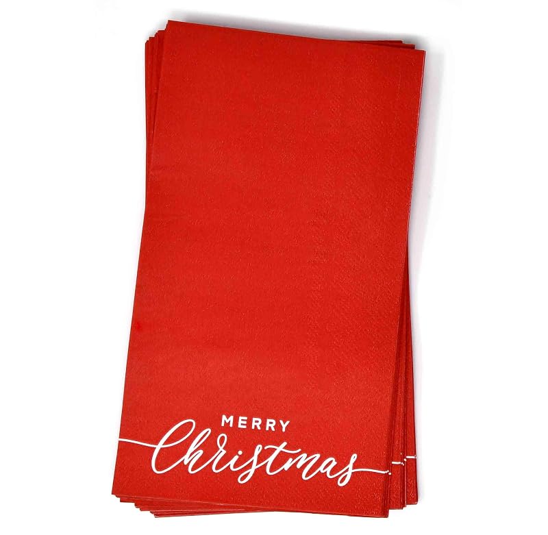 Merry Christmas Guest Napkins Disposable Paper (100) 7.5 x 4.25 in – Red Holly Design