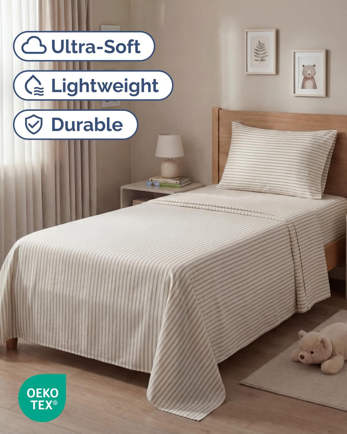 Skiennix Twin Size 3-Piece Sheet Set - Comfy, Breathable & Cooling Bed Sheets - Luxury Beige Stripes