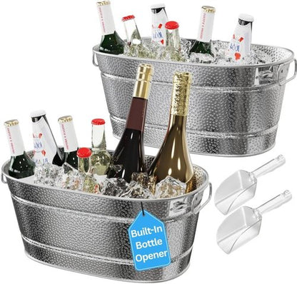 2 Pack Galvanized Tub with Handles - Beverage Tub with 2 Ice Scoops, 3 Gallon Ice Bucket for Parties, Metal Drink Buckets for Parties for Champagne Cocktails Wine Cooling for Mimosa Bar Supplies