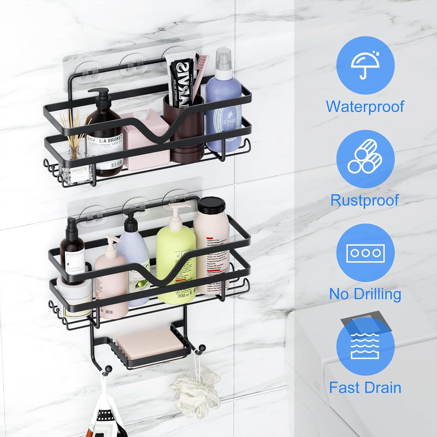 Skiennix Shower Caddy 3 Pack - Rustproof No Drill Organizer Shelves with Soap Dish & Hooks | Black