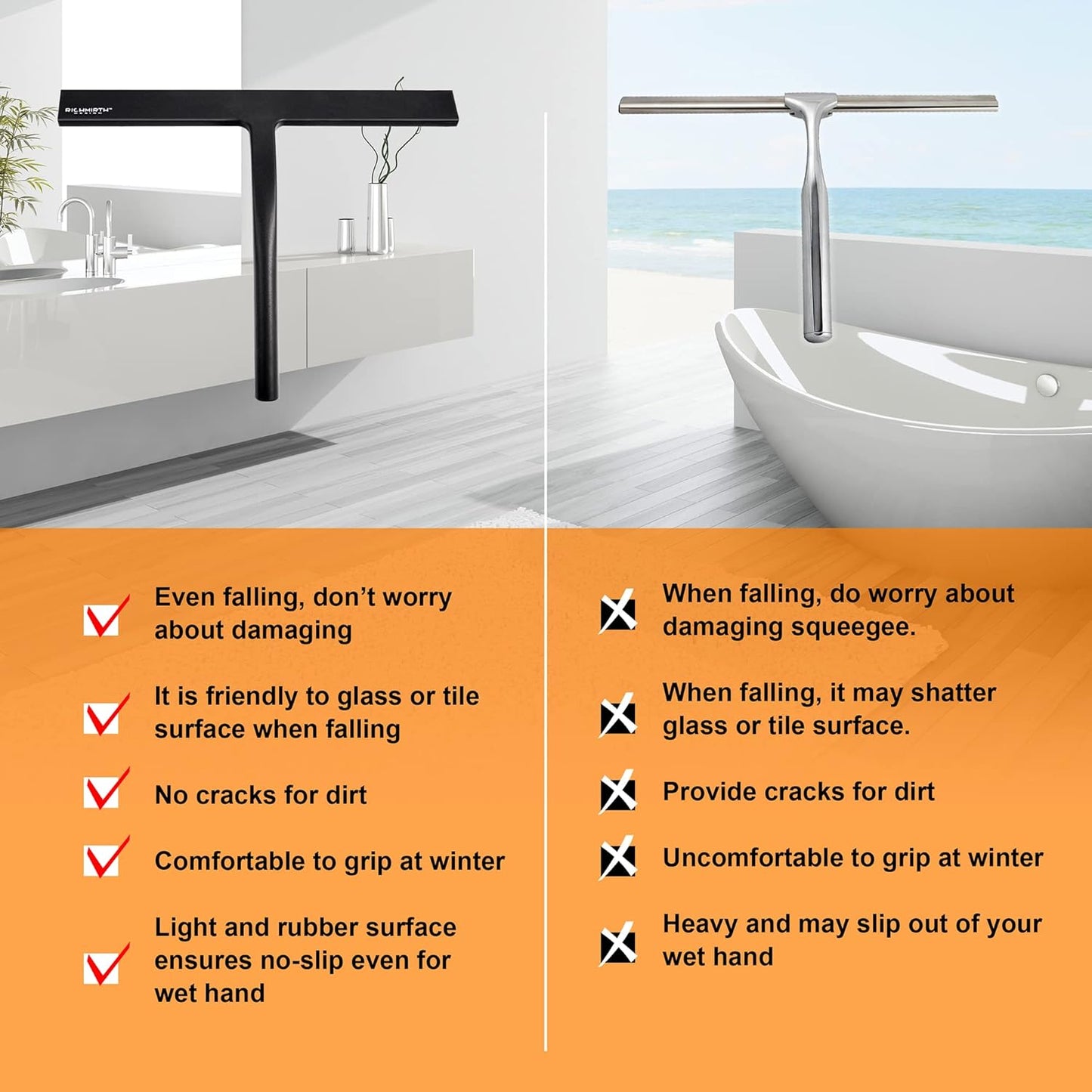 Shower Squeegee - 10-Inch All-Purpose Glass & Tile Cleaner with Suction Cup Hooks | Black