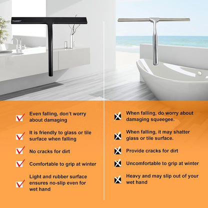 Shower Squeegee - 10-Inch All-Purpose Glass & Tile Cleaner with Suction Cup Hooks | Black