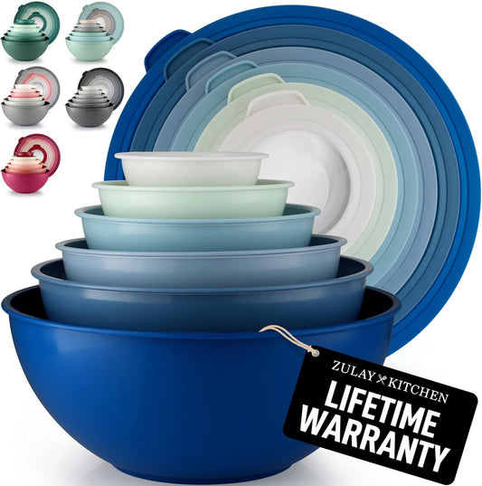Zulay Kitchen 12-Piece Mixing Bowl Set - Leak-Proof & Stackable with Lids | Microwave & Freezer Safe (Blue Ombre)