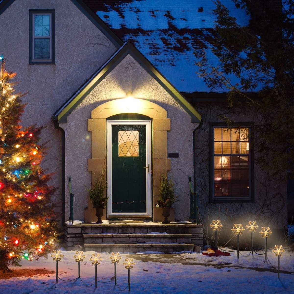 Uonlytech Christmas Snowflake Garden Lights - 5 Pack Battery Operated Waterproof Decor for Patio & Yard