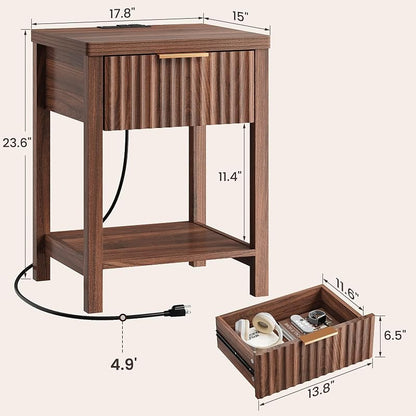 Walnut Fluted Nightstand Set 2 with Storage Drawer, 2 USB & 2 AC Outlets