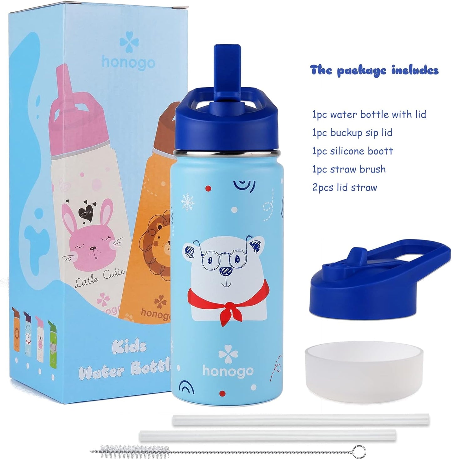 Skiennix 16 oz Stainless Steel Insulated Kids Water Bottle - Leak Proof Thermal Flask with Straw Lid | Cute Blue Bear Design for School