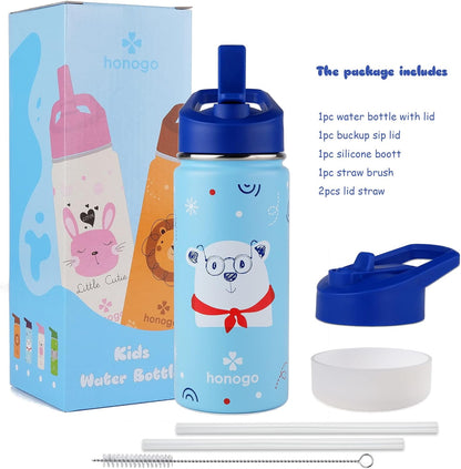 Skiennix 16 oz Stainless Steel Insulated Kids Water Bottle - Leak Proof Thermal Flask with Straw Lid | Cute Blue Bear Design for School
